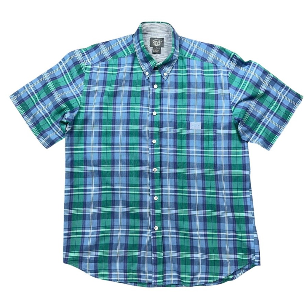 Brittania‎ Button Down Shirt Mens Medium Green Blue Plaid Short Sleeve 867-15K